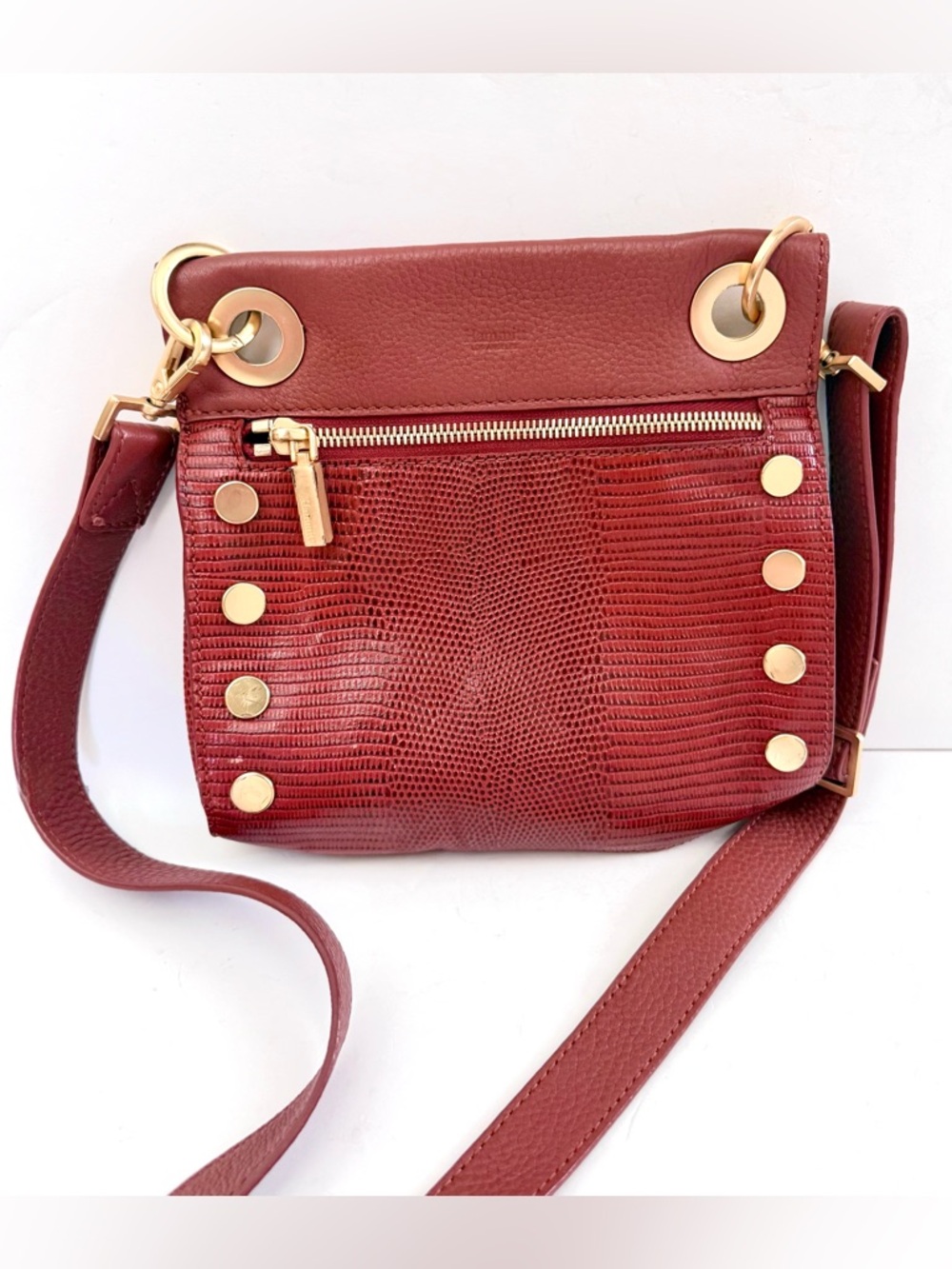 Hammitt Tony Crossbody Bag Small Redwood Lizard Studded Leather Embossed